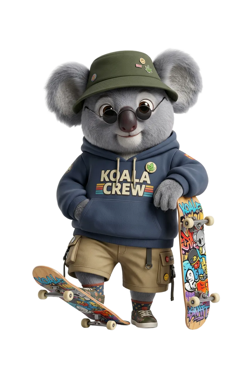 Koala character leaning on a skateboard