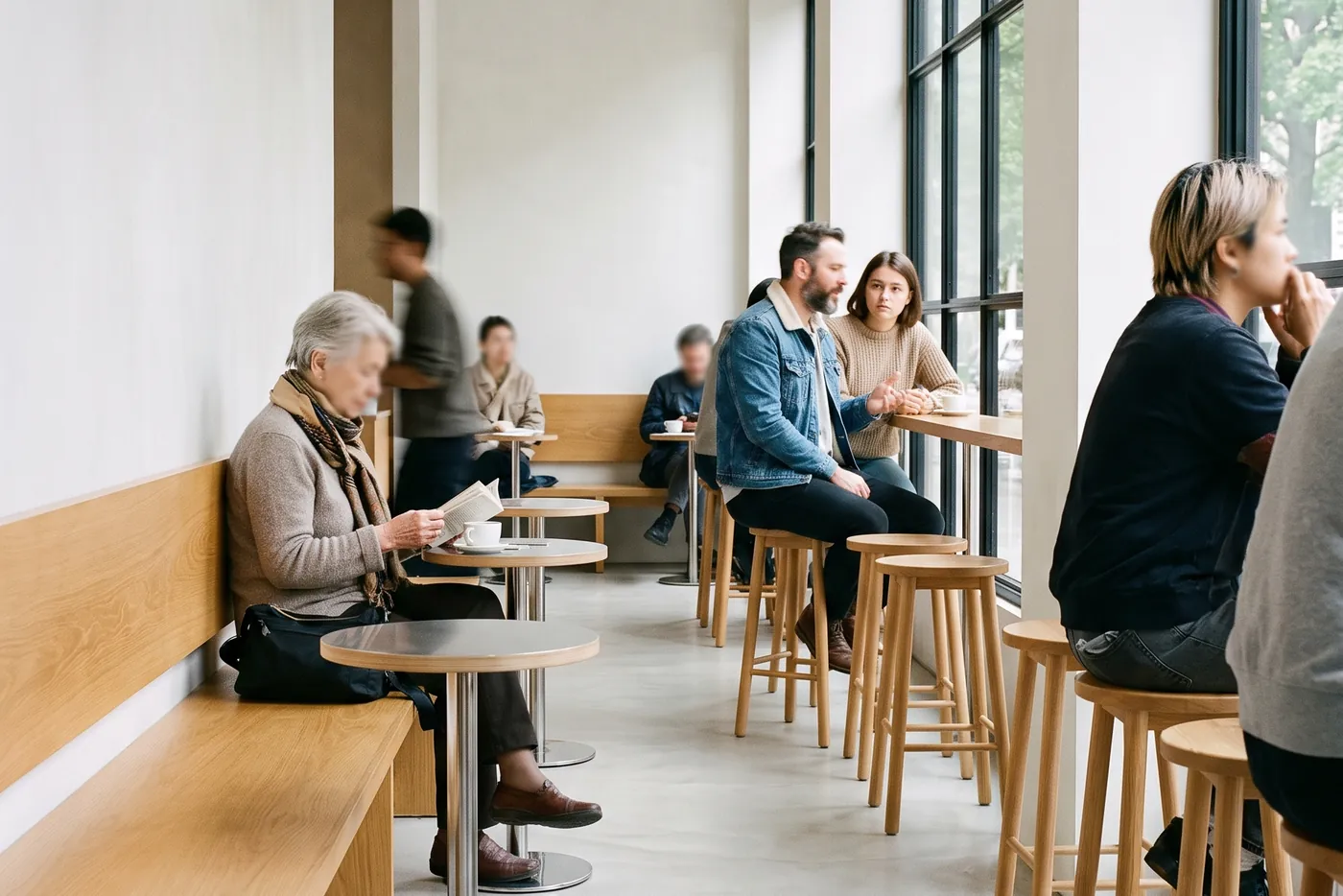 Customers along the oak window bench and stools, mid-morning