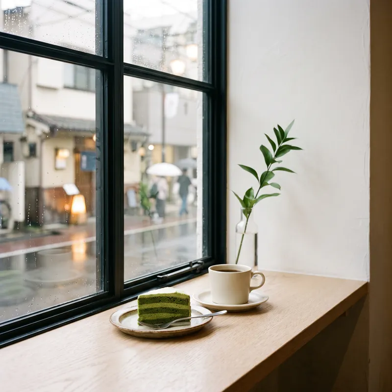 A cup and a slice of matcha cake on the oak window ledge