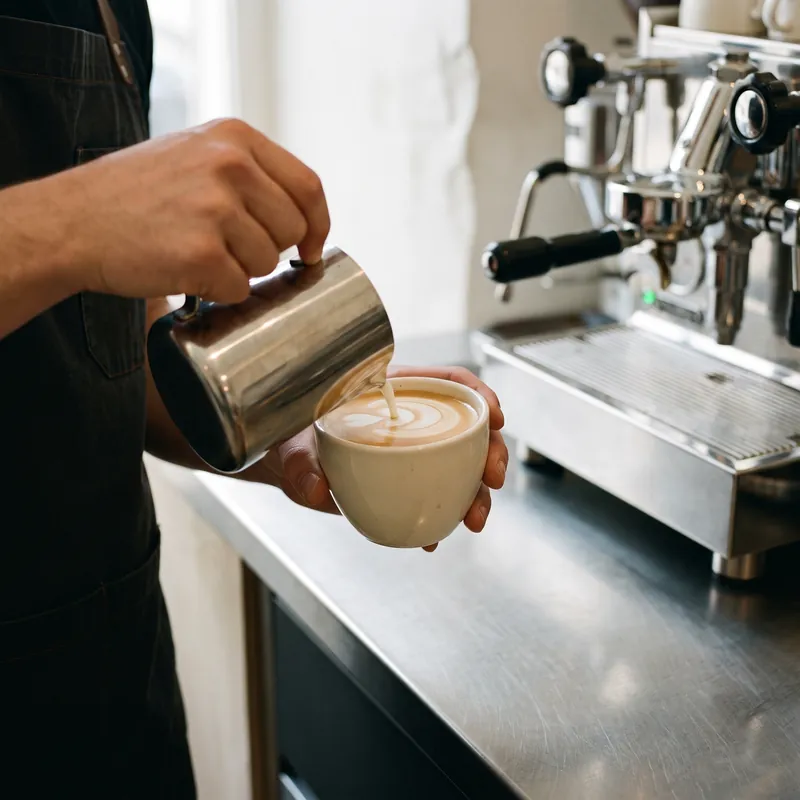 Milk poured into a cup beside the espresso machine